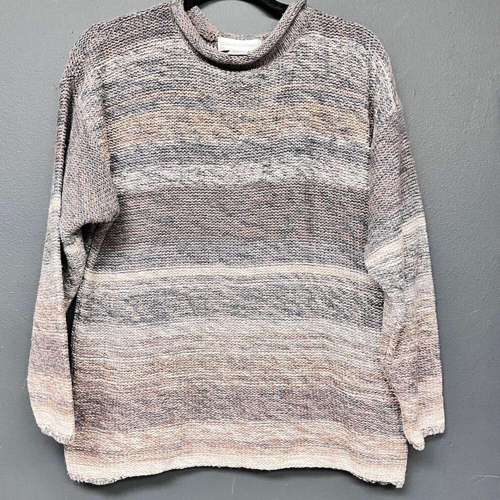 vintage 90s SM women's knit mock neck sweater tan brown grey boxy relaxed fit